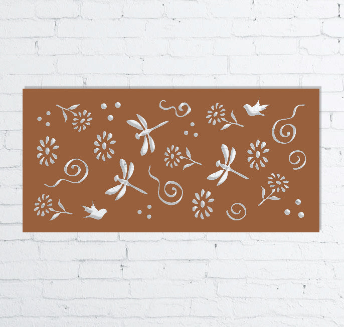 Outdoor metal privacy screen panel brown with white dragonflies and cutouts Rustica Ornamentals on Tampa Home & Garden Store