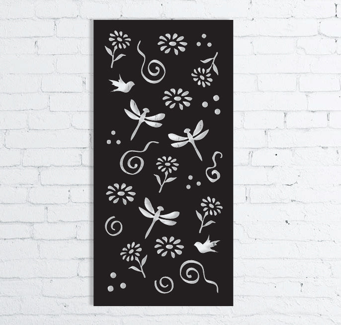 Large metal wall decor panel black with silver dragonflies and flowers 46in on Tampa Home & Garden Store