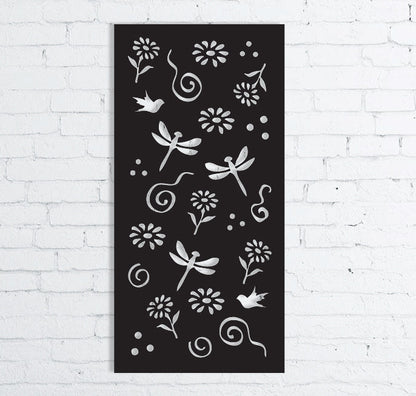 Large metal wall decor panel black with silver dragonflies and flowers 46in on Tampa Home & Garden Store