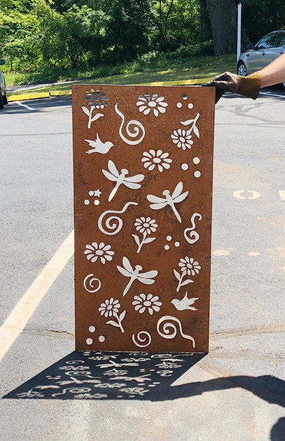 Rusty metal privacy screen panel with white floral cutouts, Rustica Ornamentals, 46 in on Tampa Home & Garden Store