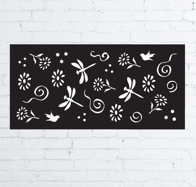 Black metal privacy screen with floral and dragonfly cutouts, 46 in, Rustica Ornamentals on Tampa Home & Garden Store