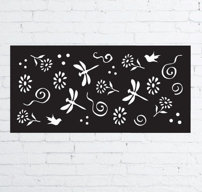 Black metal privacy screen with floral and dragonfly cutouts, 46 in, Rustica Ornamentals on Tampa Home & Garden Store