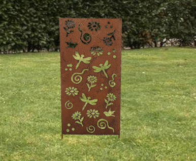 Rust-colored metal privacy screen panel with floral cutouts, Rustica Ornamentals 46 inch on Tampa Home & Garden Store