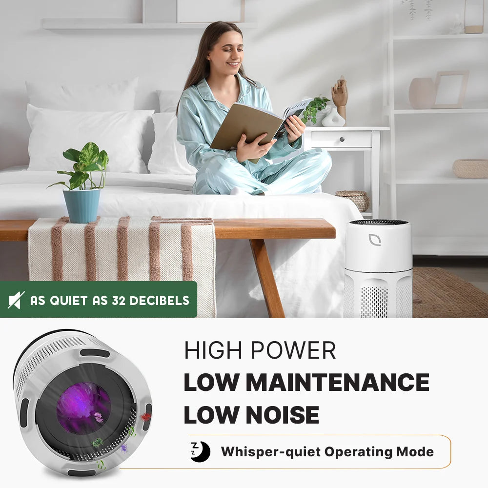 Air Sentry 500 air purifier, white purifier with purple glow beside bed on Tampa Home & Garden Store