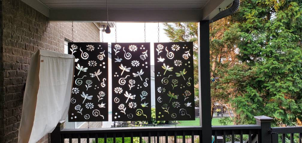 Privacy screen panels 46in metal decor; 3 black panels with floral dragonfly cutouts for porch on Tampa Home & Garden Store