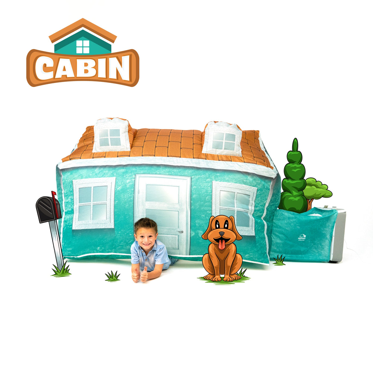 AirFort Cabin inflatable play fort teal exterior with orange roof playhouse on Tampa Home & Garden Store