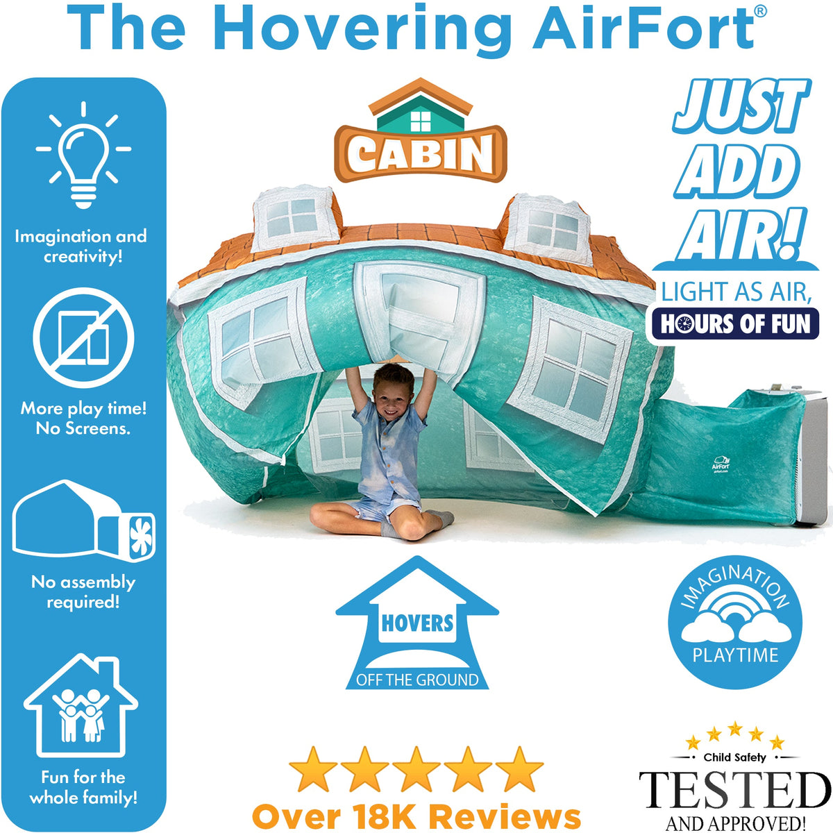 AirFort Cabin inflatable play fort, teal cabin with orange roof, windows, kid inside on Tampa Home & Garden Store