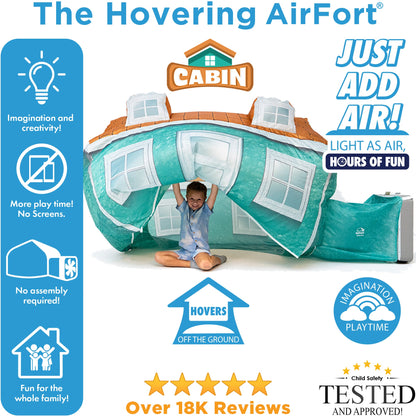 AirFort Cabin inflatable play fort, teal cabin with orange roof, windows, kid inside on Tampa Home & Garden Store