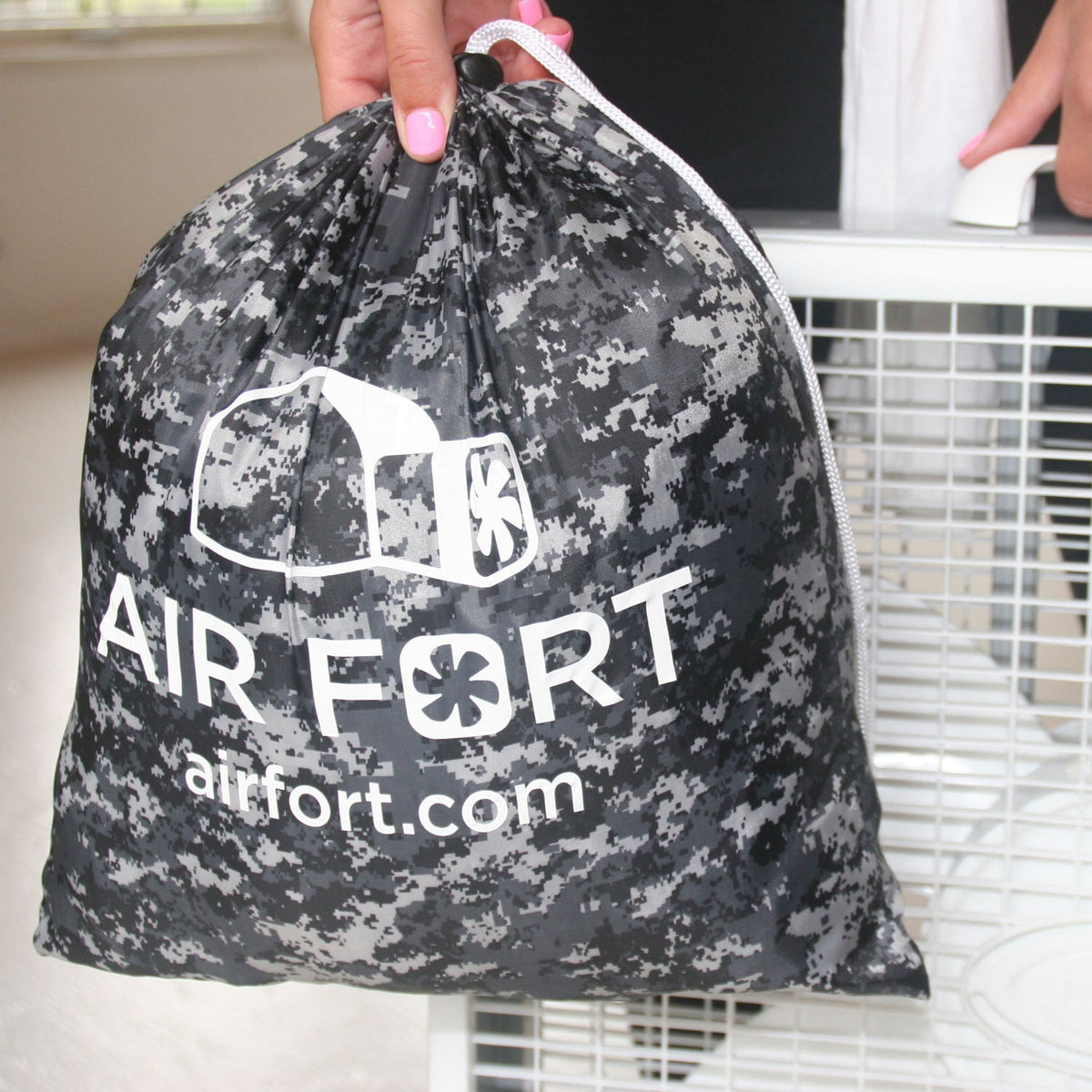 AirFort Digital Camo Inflatable Play Tent bag with white logo in gray digital camo on Tampa Home & Garden Store