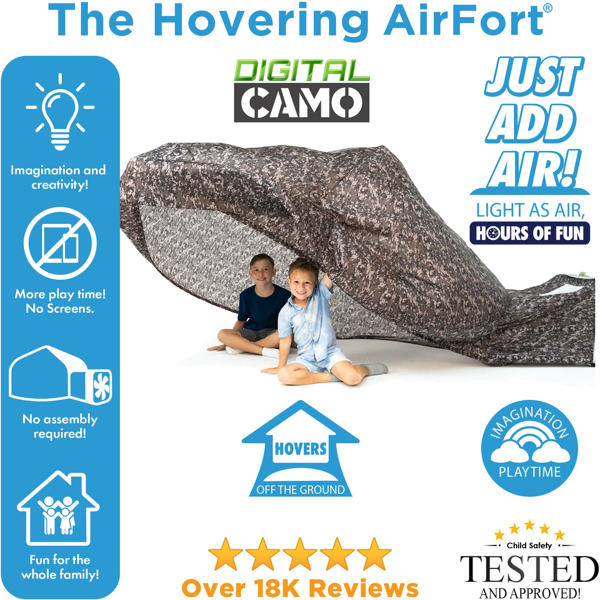 AirFort Digital Camouflage inflatable play tent for kids by AirFort.com with camouflage rock tunnel on Tampa Home & Garden Store