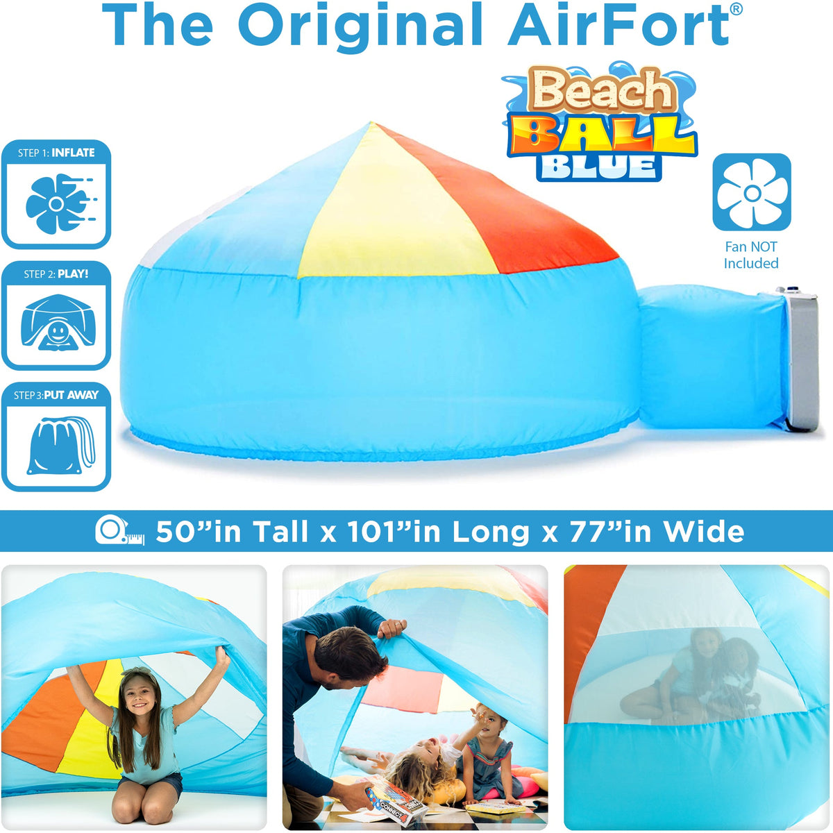 AirFort Beach Ball Blue inflatable kids play fort with rainbow top AirFort.com on Tampa Home & Garden Store