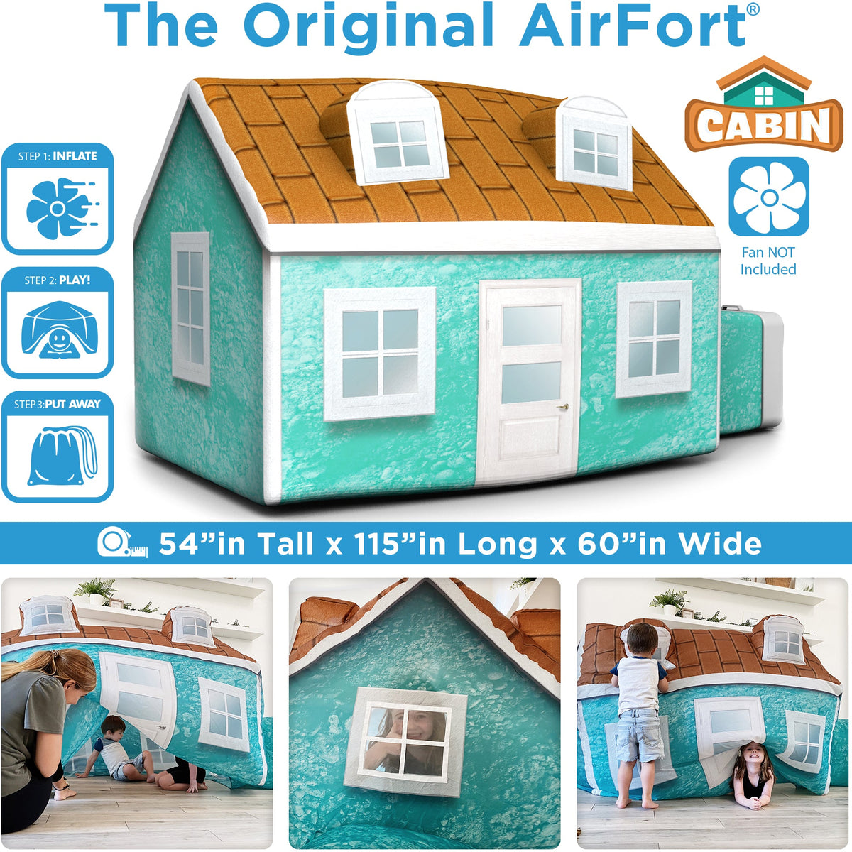 AirFort Cabin Inflatable Kids Play Fort in teal with orange roof and white windows AirFort.com on Tampa Home & Garden Store