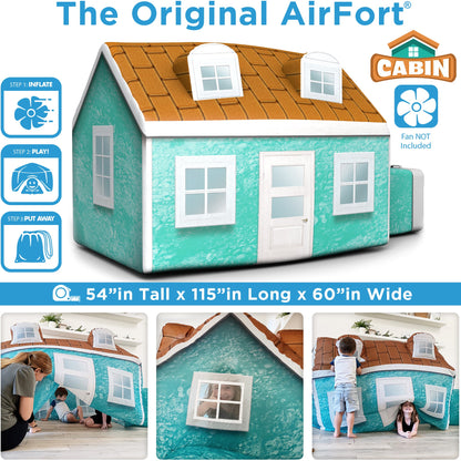 AirFort Cabin Inflatable Kids Play Fort in teal with orange roof and white windows AirFort.com on Tampa Home & Garden Store