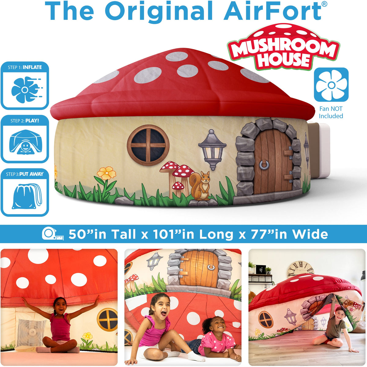 AirFort Mushroom House play tent with red polka-dot mushroom cap and stone cottage facade on Tampa Home & Garden Store