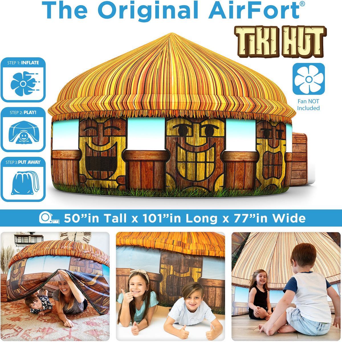 AirFort Tiki Hut inflatable play fort with striped thatch roof and wood panels AirFort.com on Tampa Home & Garden Store