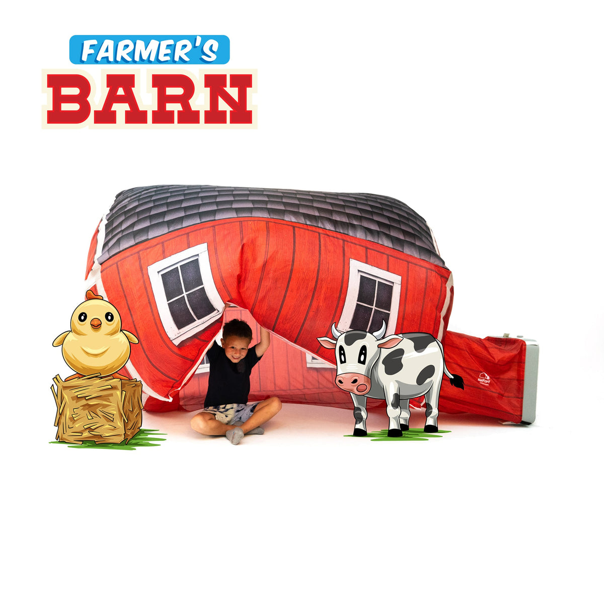AirFort Farmers Barn inflatable kids play fort with red barn print and farm animals on Tampa Home & Garden Store