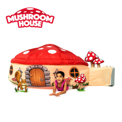 AirFort Mushroom House playhouse inflatable red mushroom cap with white spots, child at door on Tampa Home & Garden Store