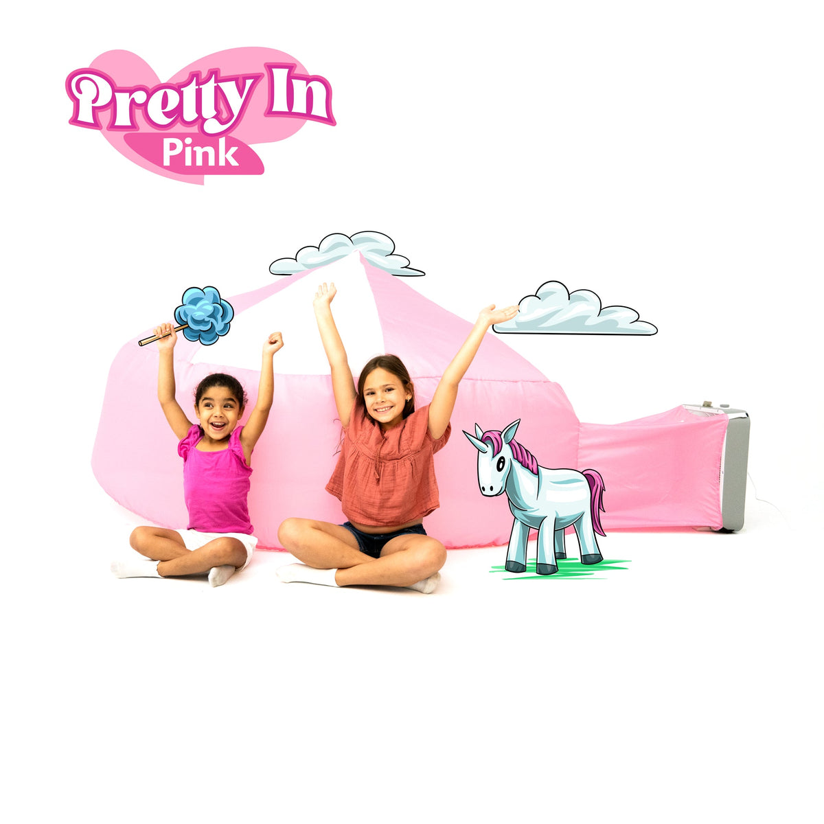 AirFort Pretty In Pink inflatable kids play fort with unicorn graphics; 2 kids on Tampa Home & Garden Store