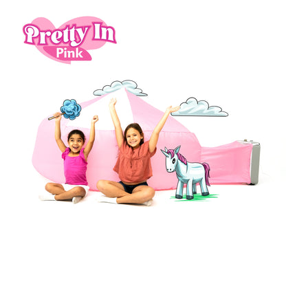 AirFort Pretty In Pink inflatable kids play fort with unicorn graphics; 2 kids on Tampa Home & Garden Store