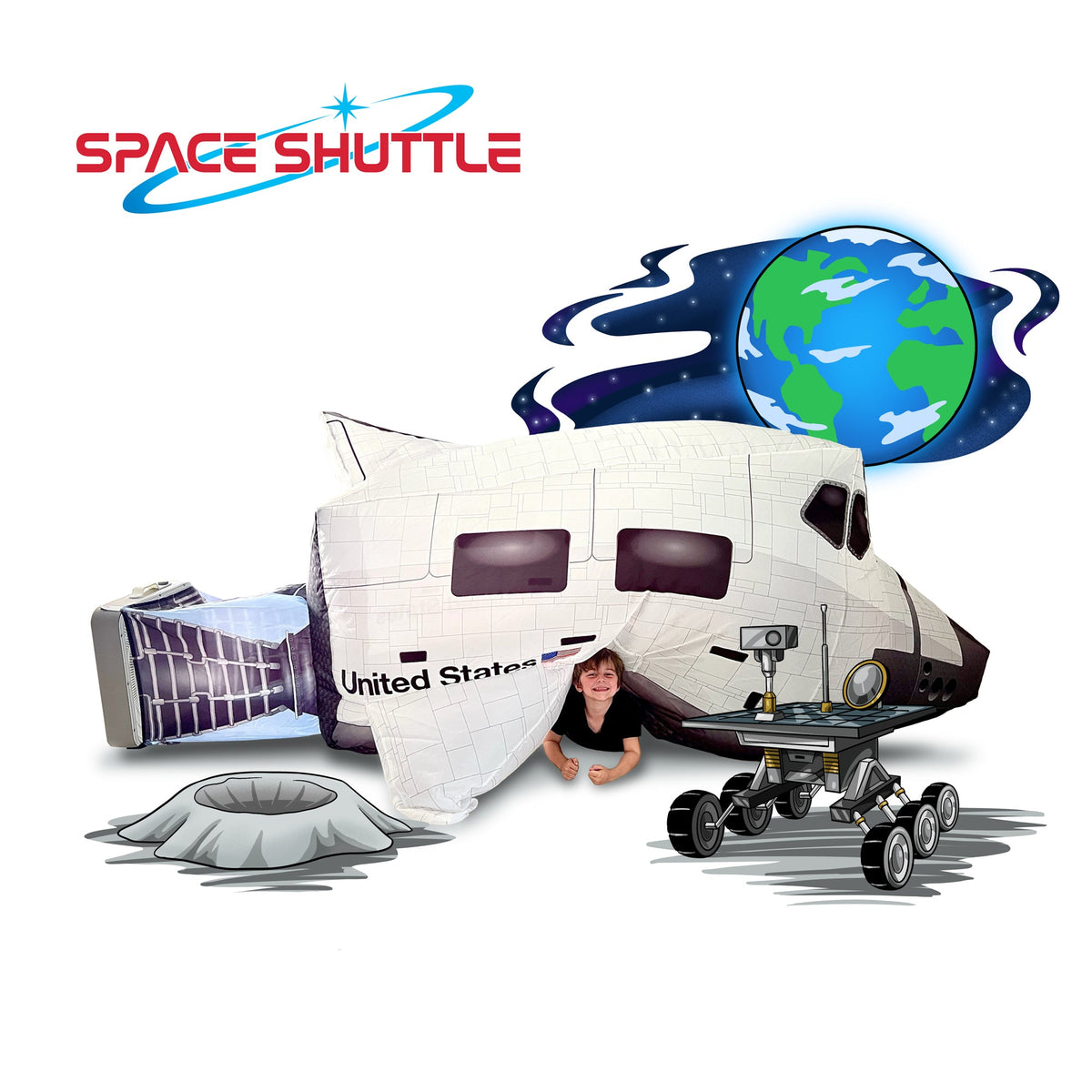 AirFort Space Shuttle Inflatable Play Fort; white shuttle with black windows and space art on Tampa Home & Garden Store