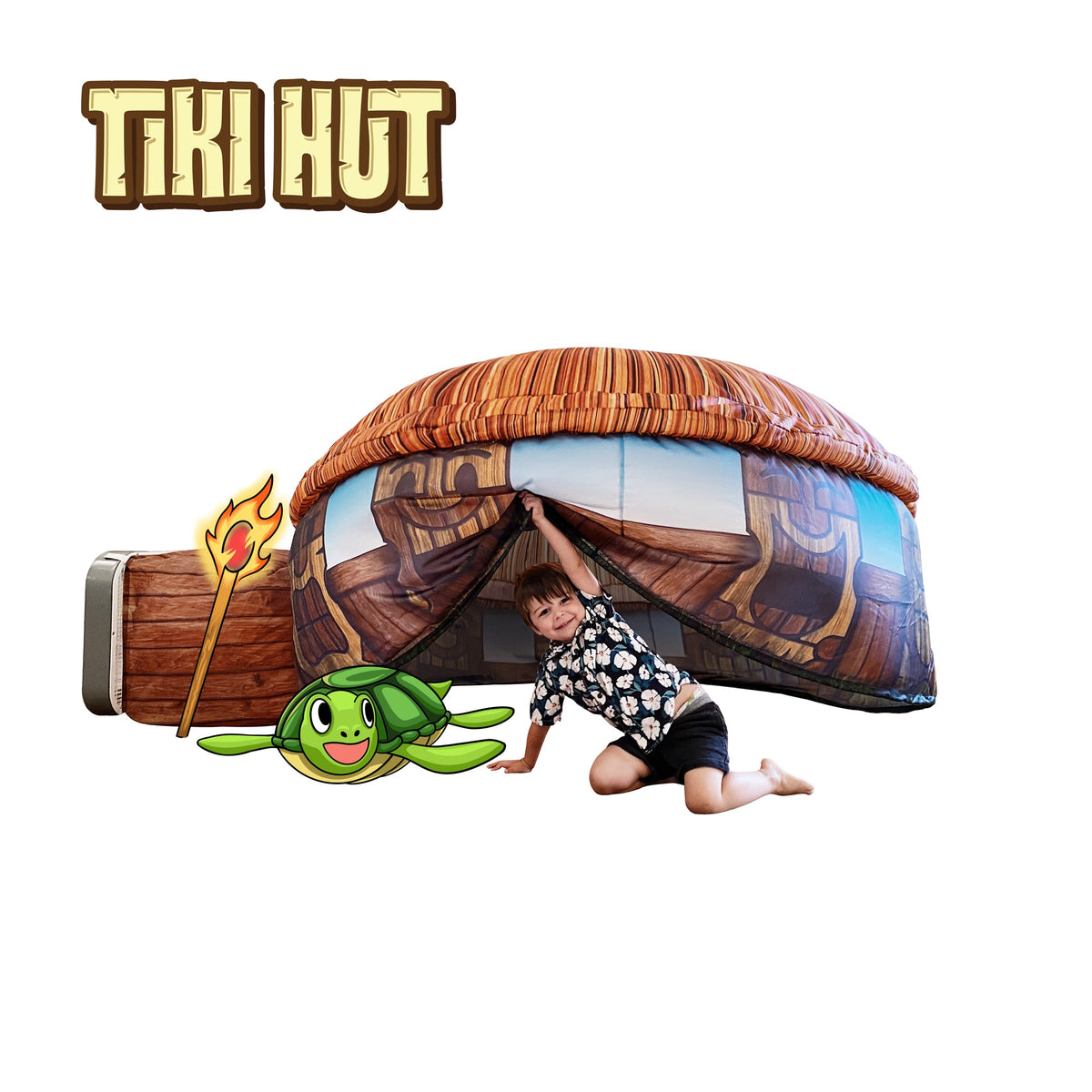 AirFort tiki hut inflatable play fort for kids with wooden-toned exterior and turtle graphic on Tampa Home & Garden Store