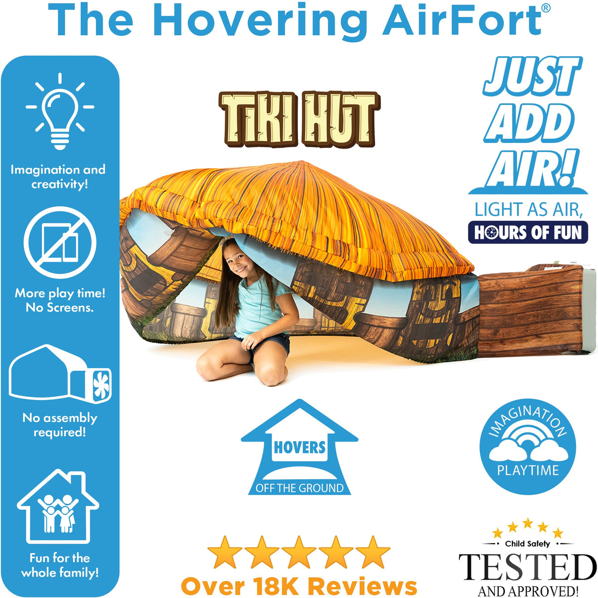 AirFort Tiki Hut inflatable kids play fort by AirFort.com, orange thatched roof and wood-grain walls on Tampa Home & Garden Store