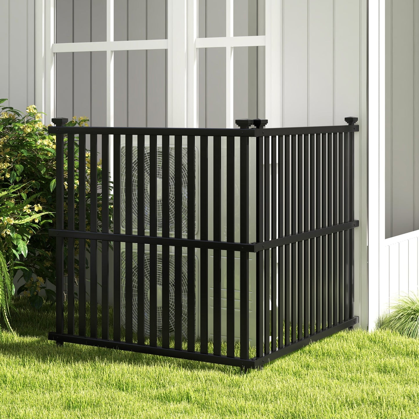 Panel de valla para aire acondicionado con estacas metálicas para exterior-Negro