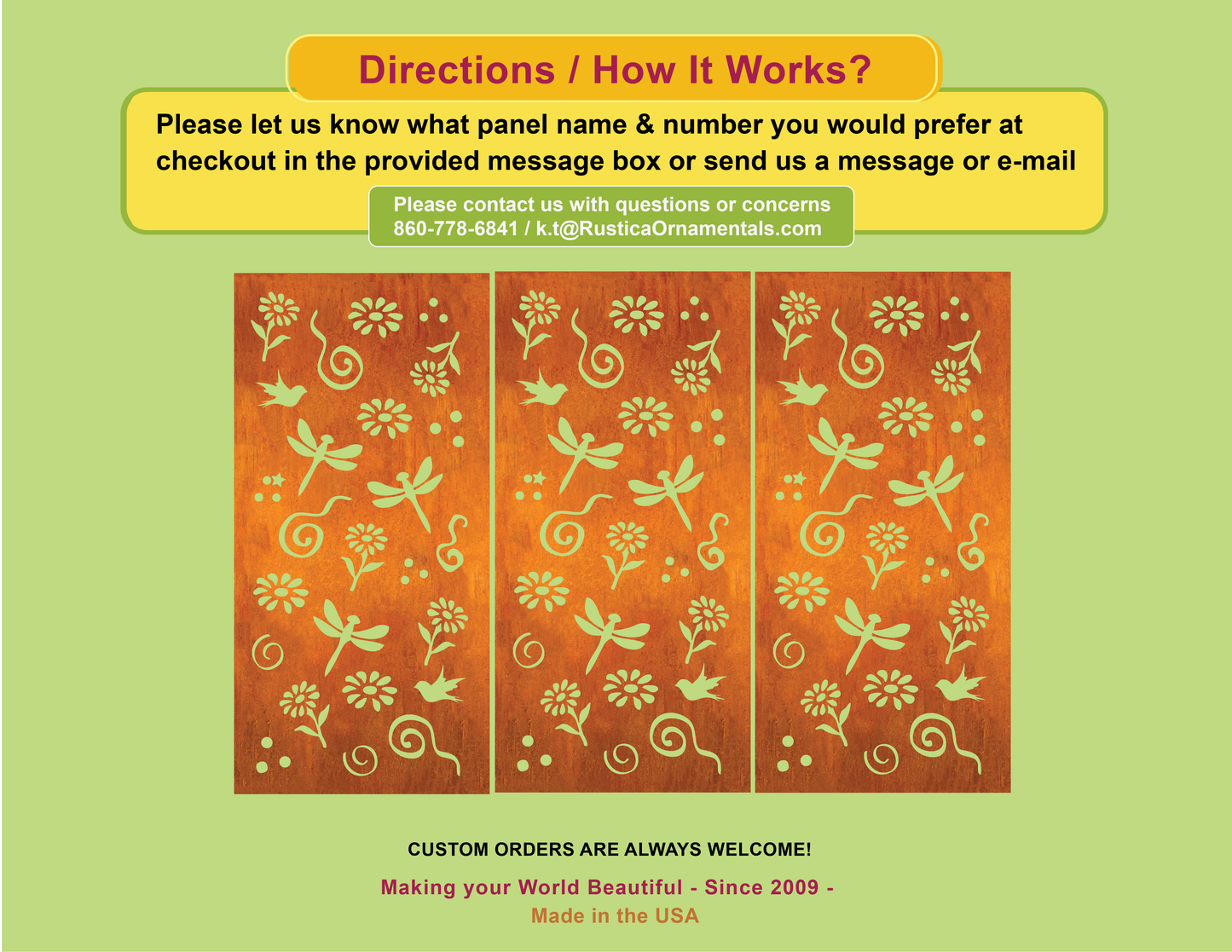 Outdoor privacy screen panels by Rustica Ornamentals, 3-panel orange with green floral motifs on Tampa Home & Garden Store