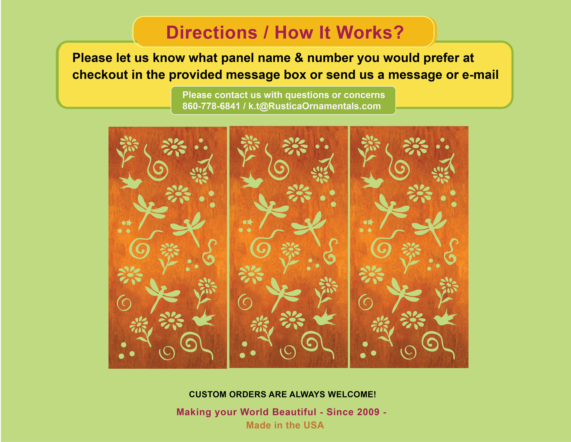 Outdoor privacy screen panels by Rustica Ornamentals, 3-panel orange with green floral motifs on Tampa Home & Garden Store