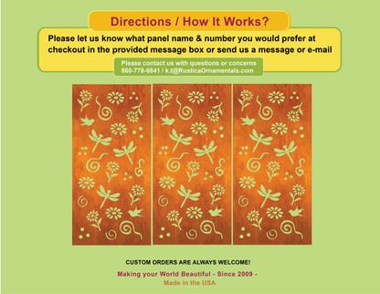 Outdoor privacy screen panels by Rustica Ornamentals, 3-panel orange with green floral motifs on Tampa Home & Garden Store