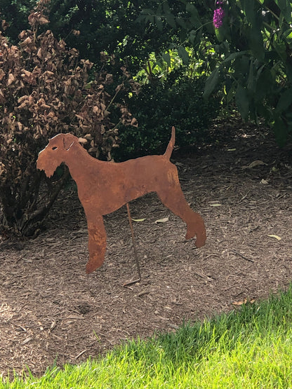 Rusted metal Airedale Terrier garden stake by Rustica Ornamentals on Tampa Home & Garden Store