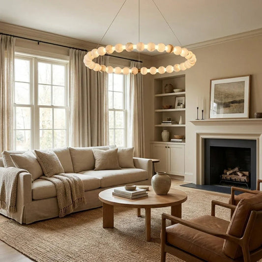 Alabaster Ring Chandelier – Gold Beaded LED Luxury Ceiling Light - Tampa Home & Garden Store