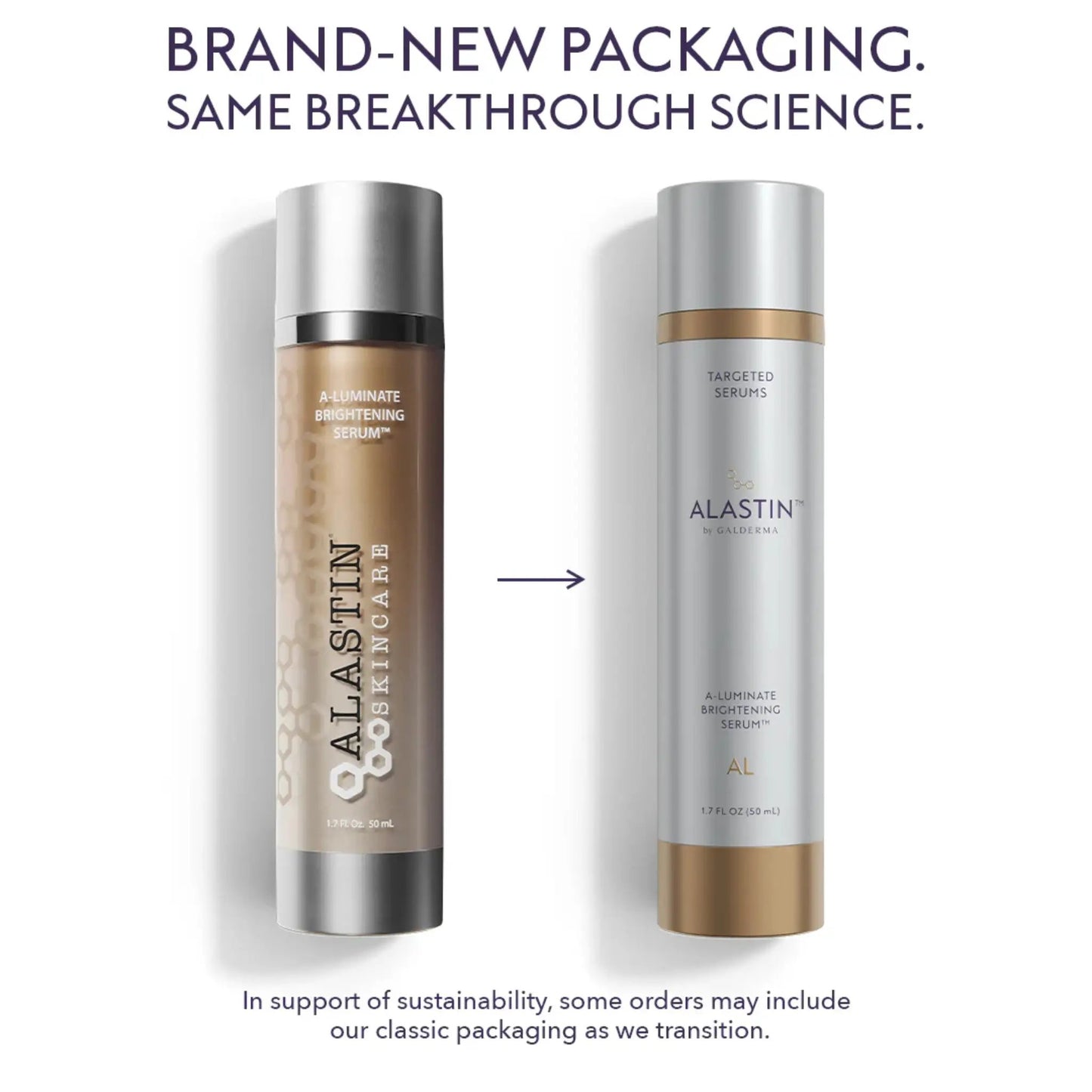 A-LUMINATE Brightening Serum Nava Beauty and Alastin-branded serum, brown and silver bottles on Tampa Home & Garden Store