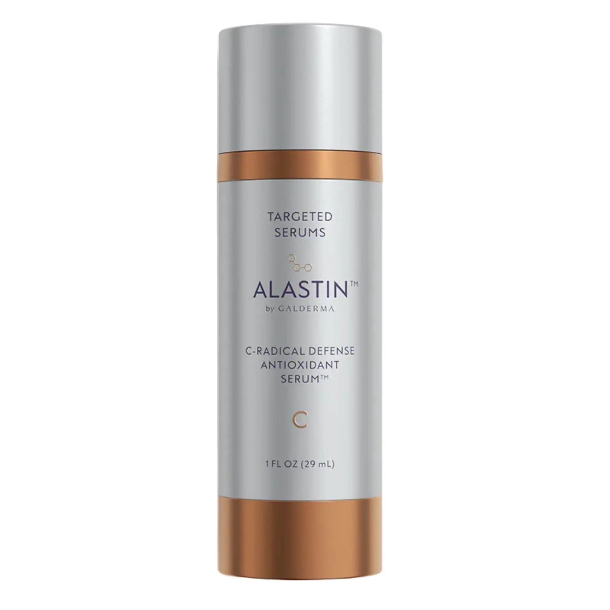 Alastin C-Radical Defense Antioxidant Serum bottle, 1 oz, silver container with copper band on Tampa Home & Garden Store