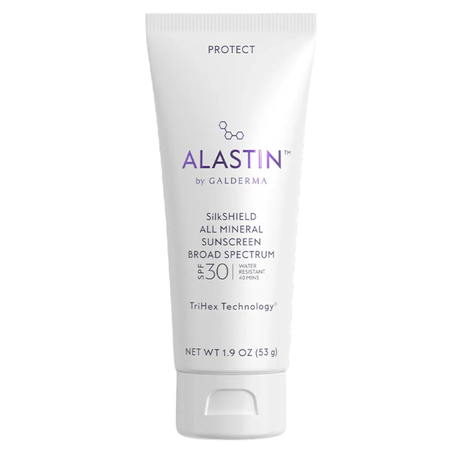 Alastin SilkSHIELD All Mineral Sunscreen SPF 30 tube, white with ALASTIN logo, 1.9 oz on Tampa Home & Garden Store