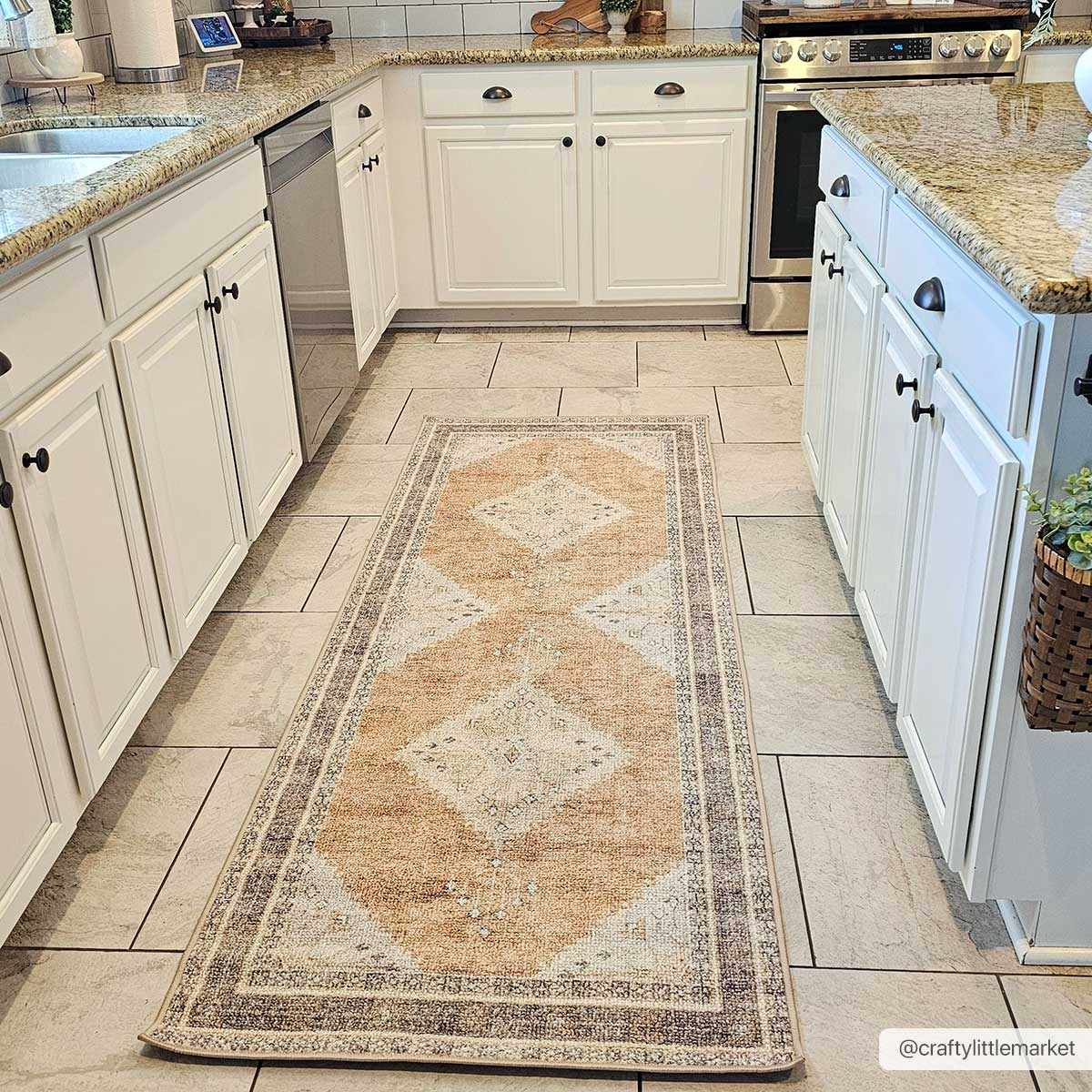 Albas Washable Area Rug runner in warm peach beige with diamond pattern by Boutique Rugs on Tampa Home & Garden Store