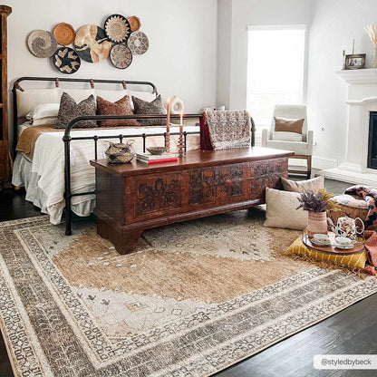 Albas washable area rug by Boutique Rugs; neutral beige with vintage border under iron bed on Tampa Home & Garden Store