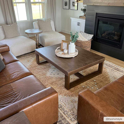 Albas Washable Area Rug by Boutique Rugs in neutral beige with subtle border in living room on Tampa Home & Garden Store