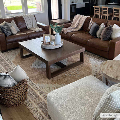 Albas Washable Area Rug by Boutique Rugs, beige patterned, cozy living room setup on Tampa Home & Garden Store