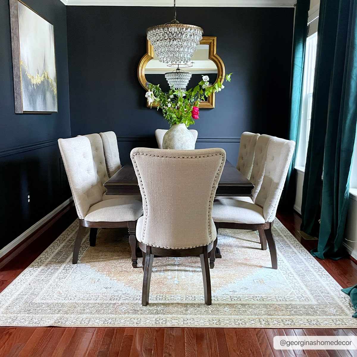 Albas washable area rug beige with cream chairs in a dining room Boutique Rugs on Tampa Home & Garden Store
