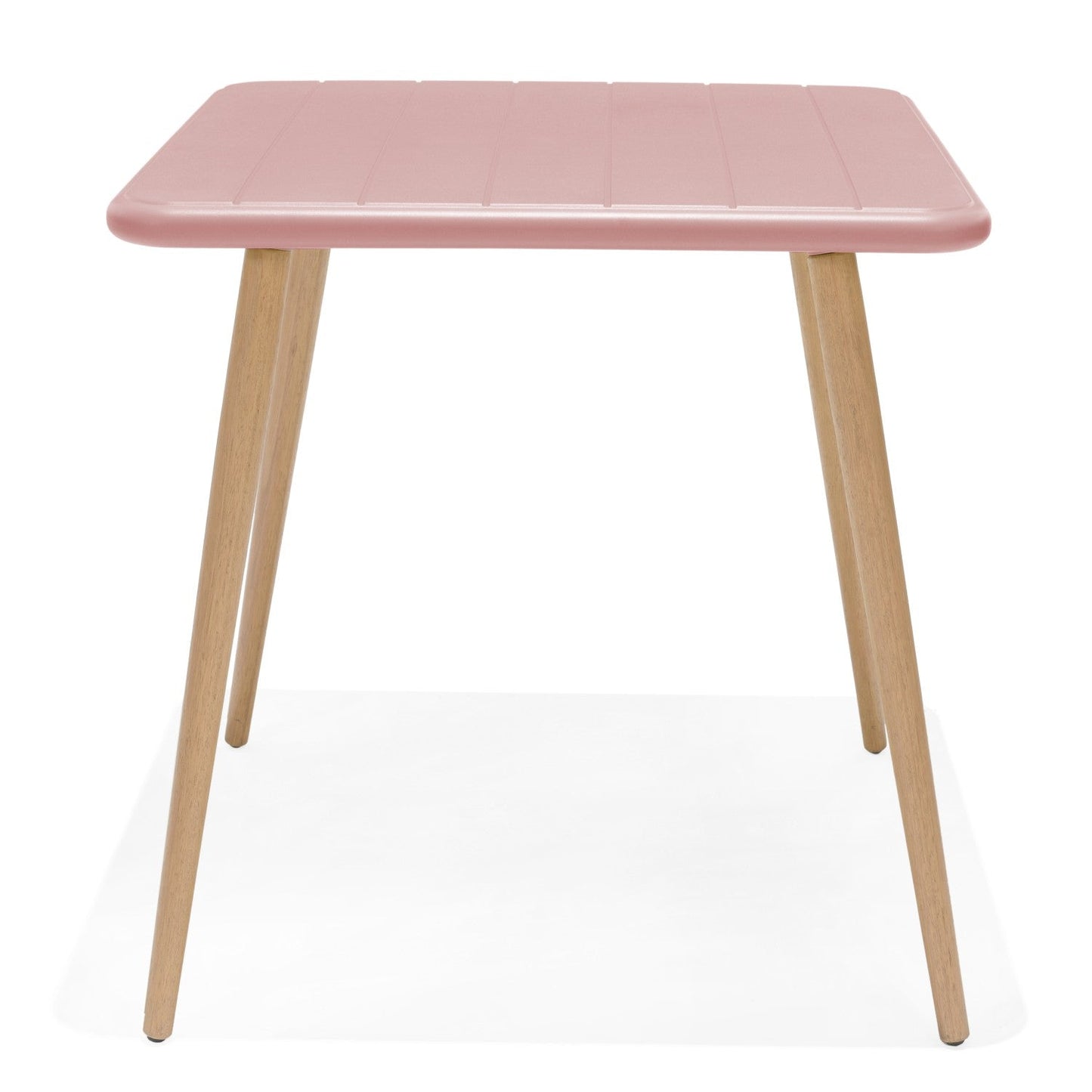 Nassau Square Table Peony Pink Social Plastic outdoor table with natural wood legs on Tampa Home & Garden Store