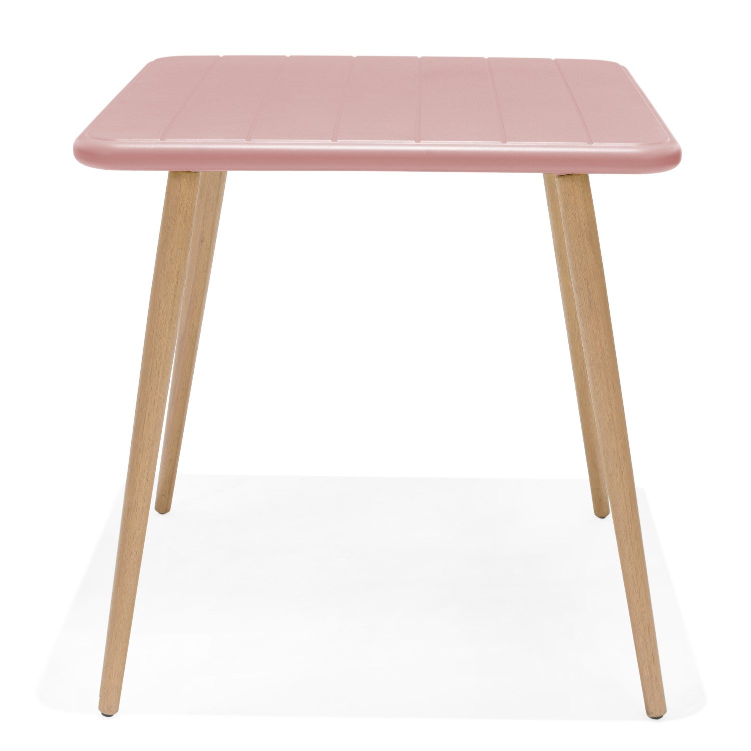 Nassau Square Table Peony Pink Social Plastic outdoor table with natural wood legs on Tampa Home & Garden Store