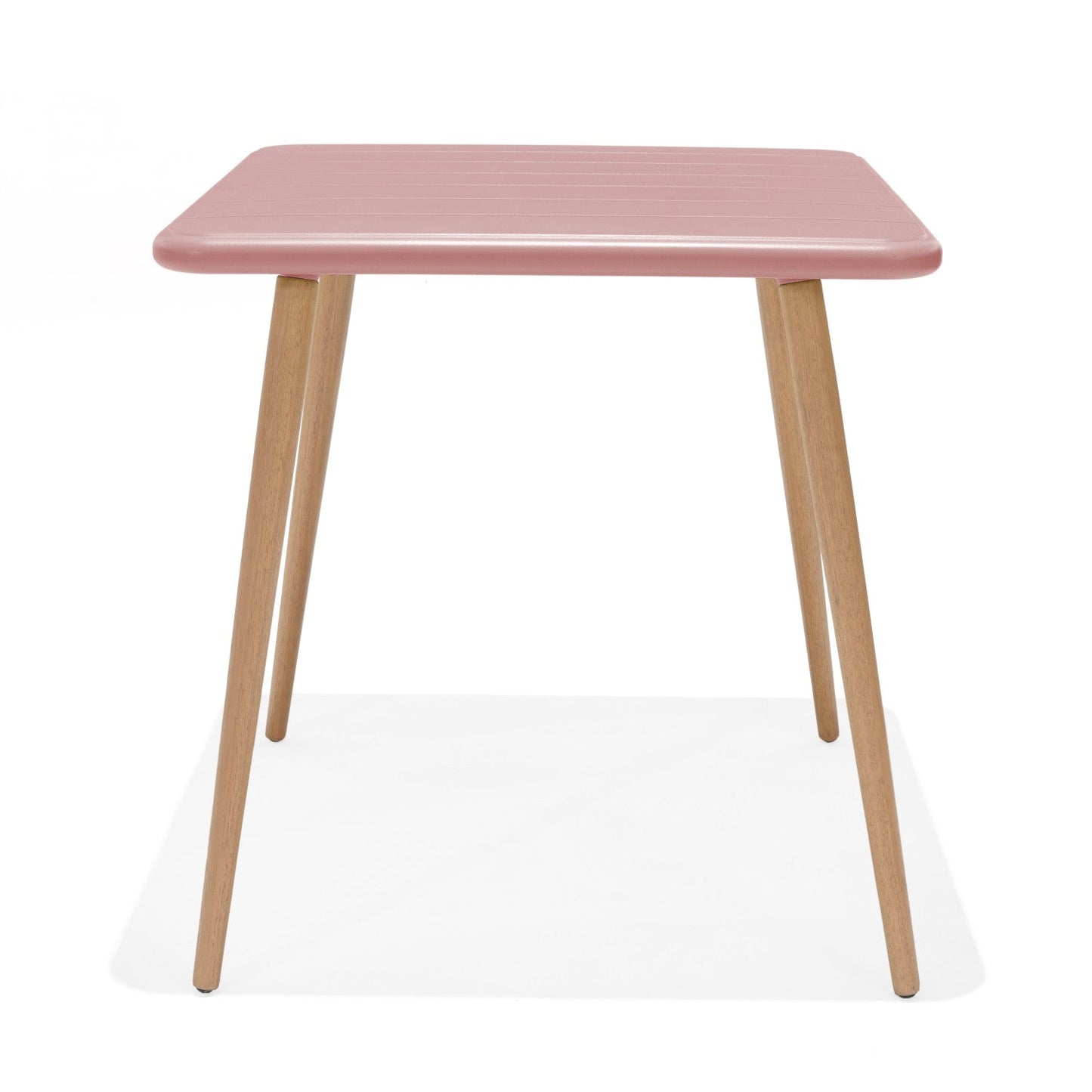 Nassau Square Table Peony Pink Social Plastic by LifestyleGarden US pink top with wood legs on Tampa Home & Garden Store