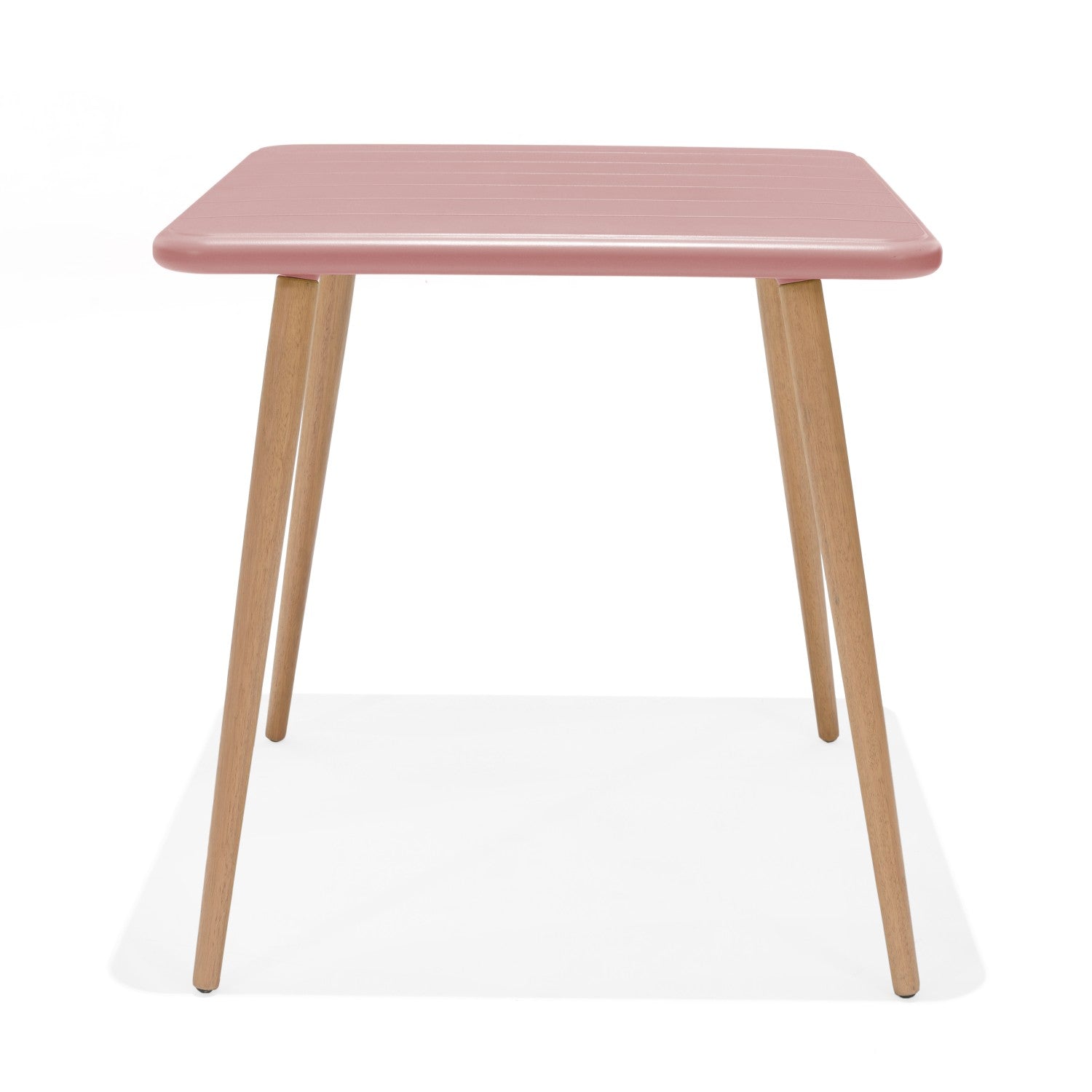 Nassau Square Table Peony Pink Social Plastic by LifestyleGarden US pink top with wood legs on Tampa Home & Garden Store