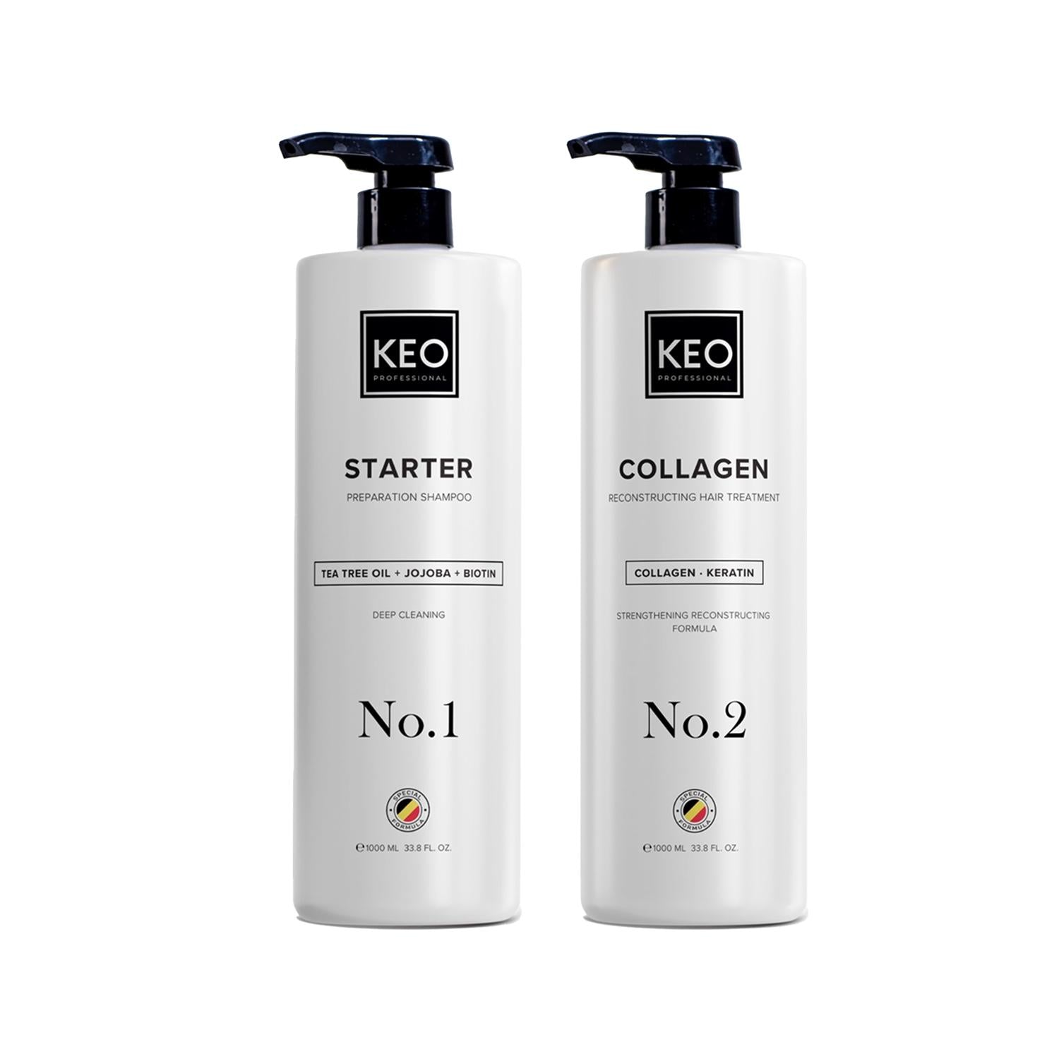 Keo Professional hair care set with pump bottles No.1 Deep Cleaning and No.2 Collagen Treatment on Tampa Home & Garden Store