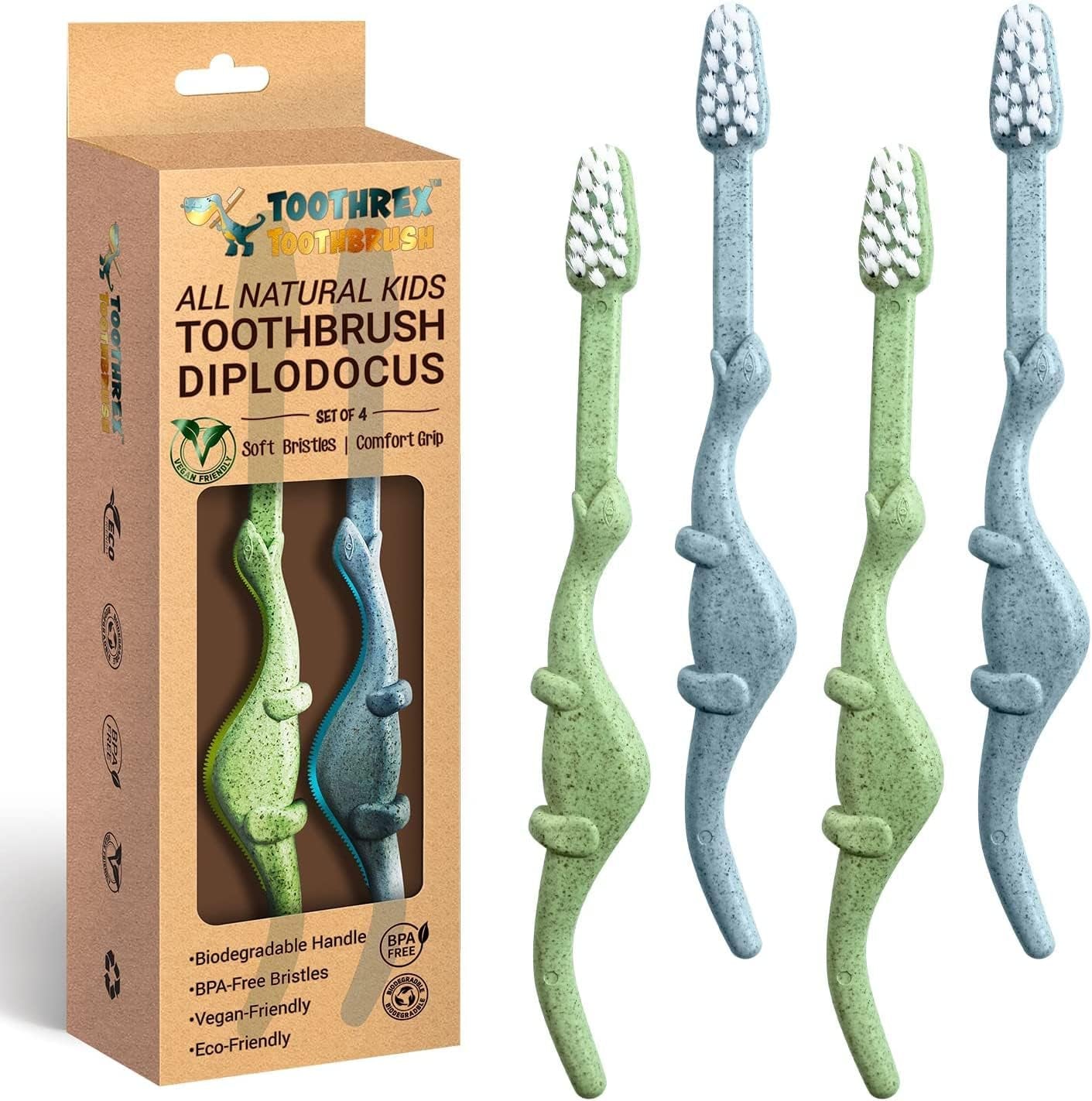 ® All-Natural Eco Friendly Kids Toothbrush Made from Plants - Dinosaurs 4-36M - Baby to Toddler - Blue/Green - 4Pk | 1% for the Planet Product - Tampa Home & Garden Store