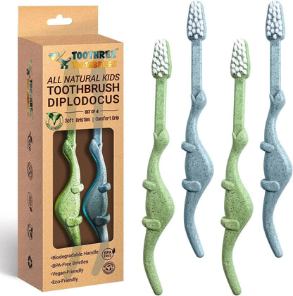 ® All-Natural Eco Friendly Kids Toothbrush Made from Plants - Dinosaurs 4-36M - Baby to Toddler - Blue/Green - 4Pk | 1% for the Planet Product - Tampa Home & Garden Store