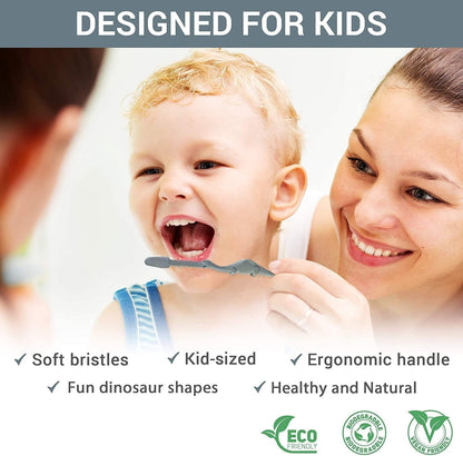 ® All-Natural Eco Friendly Kids Toothbrush Made from Plants - Dinosaurs 4-36M - Baby to Toddler - Blue/Green - 4Pk | 1% for the Planet Product - Tampa Home & Garden Store