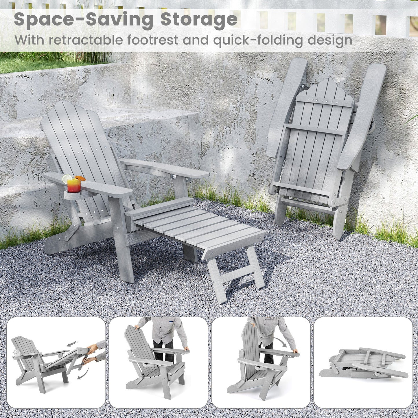 All-Weather HIPS Patio Adirondack Lounge Chair with Retractable Footrest