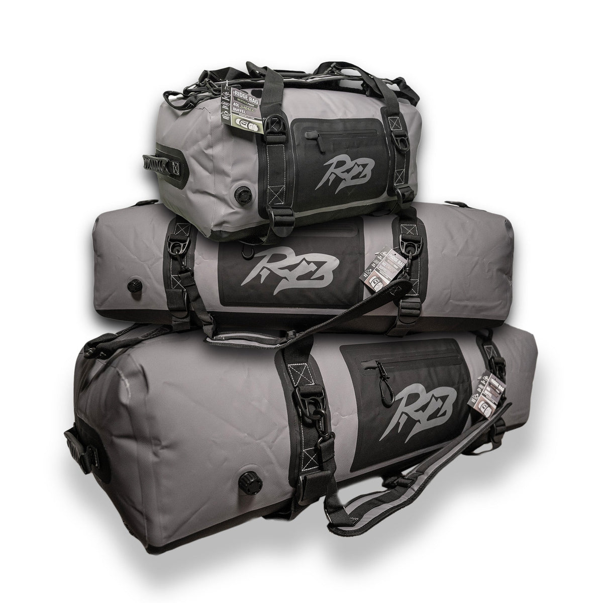Ridge Bag outdoor duffel three pack gray with black Ridge logo panel and tags on Tampa Home & Garden Store